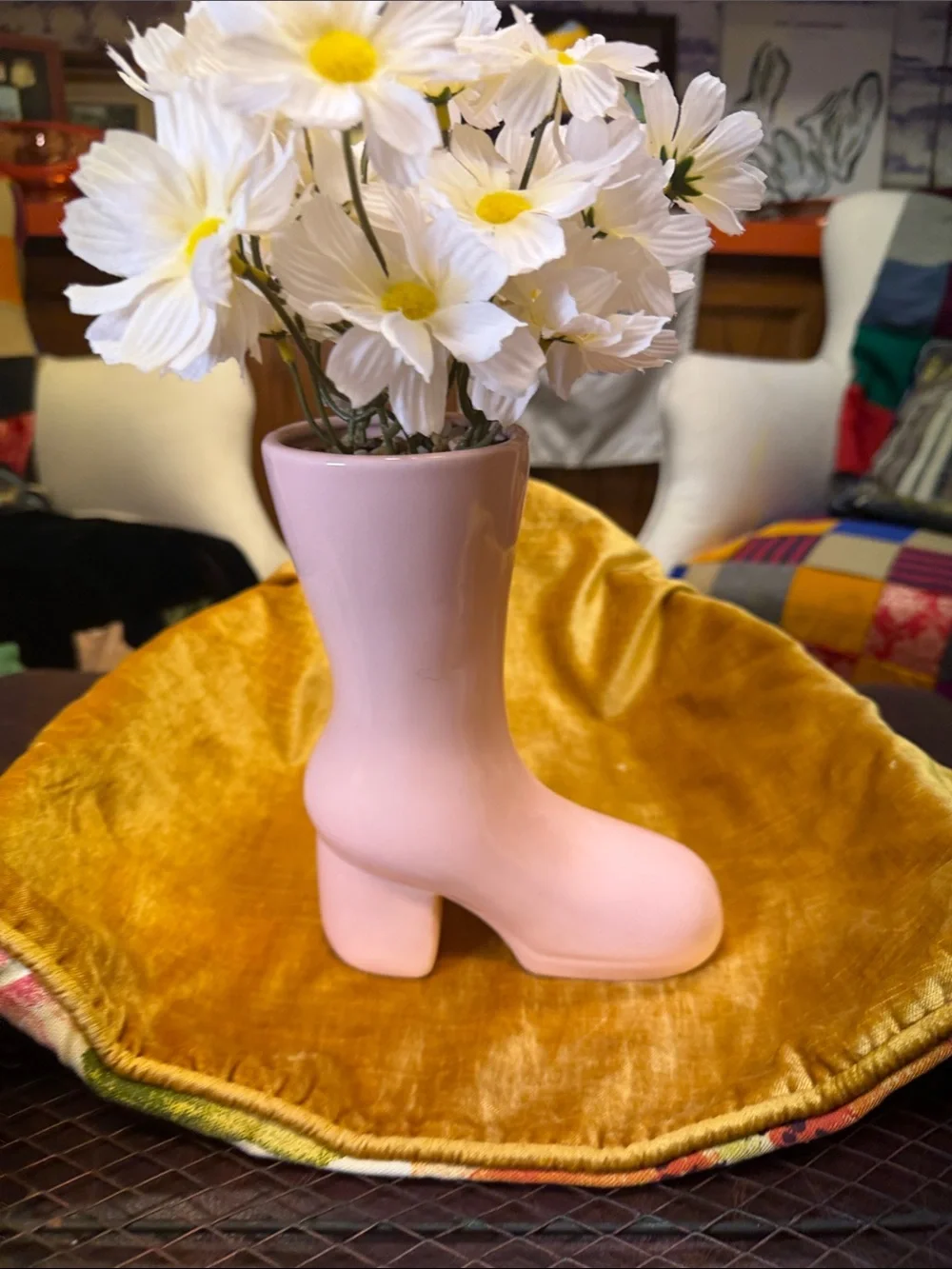 Pink Block-Heel Boot Vase with Daisy Faux Floral Arrangement
